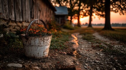 Old white metal bucket with flowers near barn at sunset
