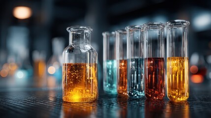 Glassware with various colored liquids in lab environment on dark surface. Depicts science, research, laboratory experiments or medical advancements.