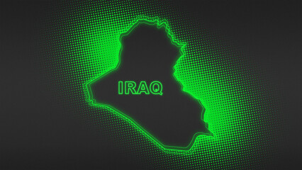 Neon Green Iraq Map Outline Futuristic Digital Glow Halftone Illustration