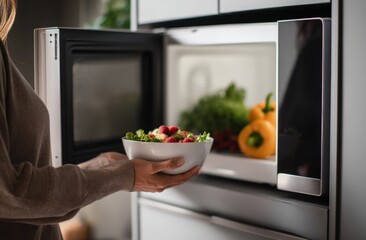 Person Removing Fresh Salad from Microwave Oven in Modern Kitchen Setting