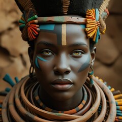Striking Portrait of a Tribal Woman with Ornate Headwear and Makeup