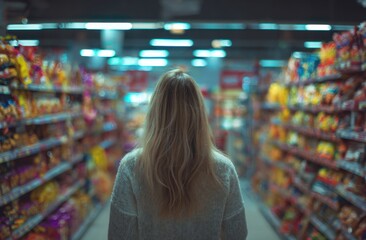 Person with long hair shopping in a brightly lit grocery store aisle filled with colorful products