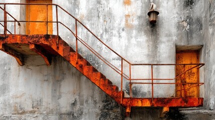 Bright orange staircase and doors on weathered white wall
