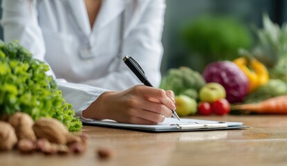 Person Writing Notes on Clipboard with Fresh Vegetables in
