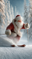 Santa skiing fast through snowy forest in winter sunlight