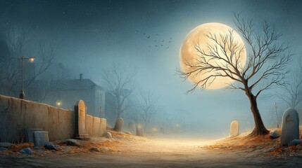 Misty graveyard path under full moon with eerie light
