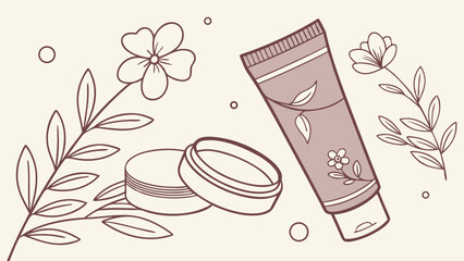 Illustration of skincare products with floral elements cream jar tube botanical design beauty cosmetic organic natural spa wellness packaging product line art minimalist simple ele.