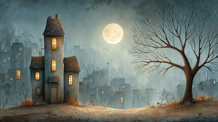 Haunted town on hill with glowing windows under full moon