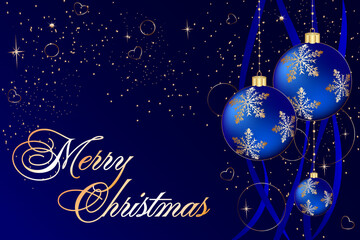Christmas mood in a greeting card.Vector illustration with blue balloons and golden text on a blue background with beautiful decor.