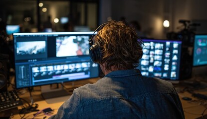 Professional editor working on multiple screens in a dark editing studio