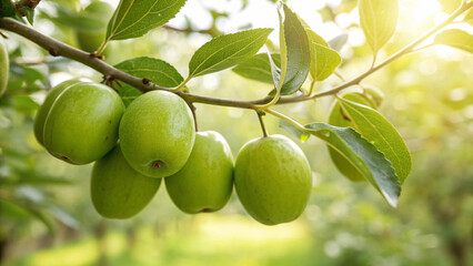 Jujubes on tree branch in garden, Jujube hanging on tree in natural warm sunlight background