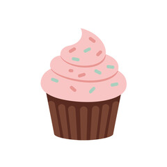 Flat Design Delicious Pink Frosted Cupcake with Sprinkles Dessert Illustration