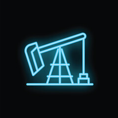 Blue neon icon of a working oil pump jack on a black background