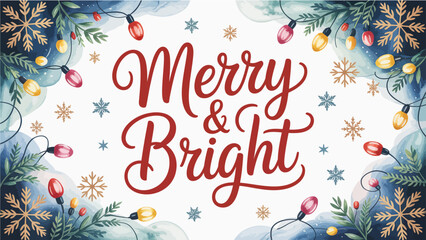Merry and bright christmas illustration with snowflakes and string lights decoration on white background