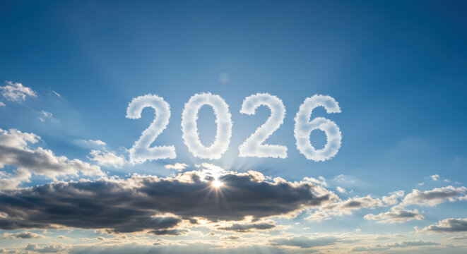 Majestic Sky with 2026 Cloud Numbers Above Shining Sun
