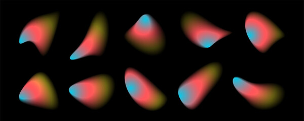 Ten abstract shapes appear to float against a black backdrop. Each liquid shape features a gradient from blue to red to yellow, adding depth and visual interest.