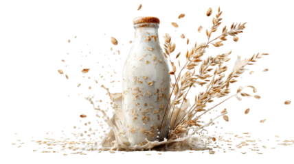 White bottle made of milk splash with dried oat plant organic beverage natural dairy alternative concept isolated on white background