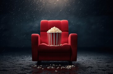 Red armchair with overflowing popcorn bucket in dark dramatic setting