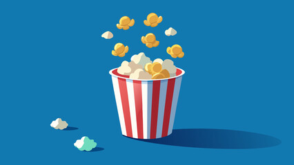 Red and white striped bucket overflowing with popcorn and some pieces flying out