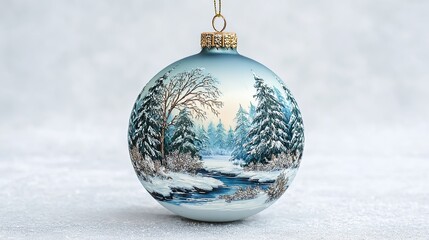 Christmas ornament ball with painted winter landscape of snowy trees and river on frosty background