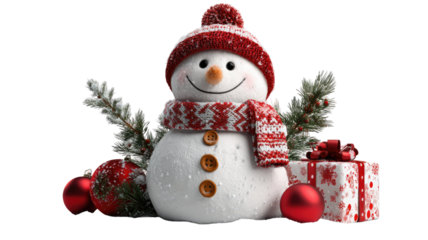 Snowman with Christmas decorations festive winter holiday character cheerful seasonal ornament celebration figure isolated on white background