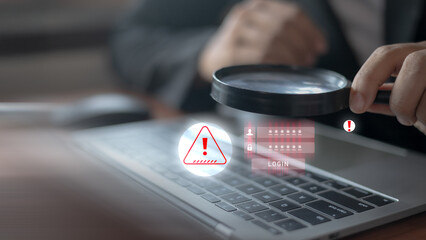 Cybersecurity alert concept showing magnifying glass examining laptop with login warning, password protection, and data breach risk in modern office background.