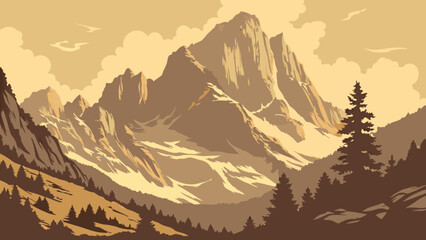 Mountain Landscape Majestic Peaks Coniferous Forest Sunrise Nature Illustration Vintage Style Graphic Art Brown and Beige Tones Scenic View Wilderness Travel Poster Design Adventure Ba.