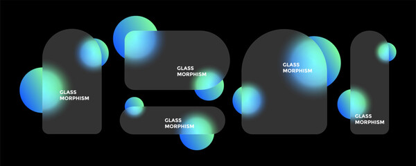 Translucent geometric shapes float in a dark space, featuring glass morphism aesthetics with blurred circles that overlap, producing a sense of depth and three-dimensionality.