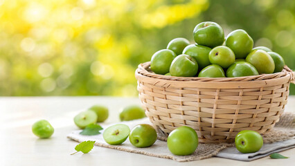 Green Jujubes in basket on white surface in natural warm sunlight background