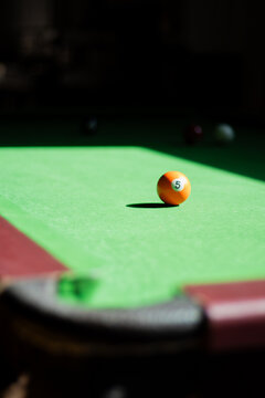 Billiards ball on pool table mid-game