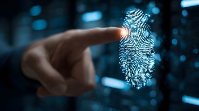 Close up on a man s hand performing a fingerprint scan accessing a secure digital system against cyber threats emphasizing biometric identity and data protection in a modern data center