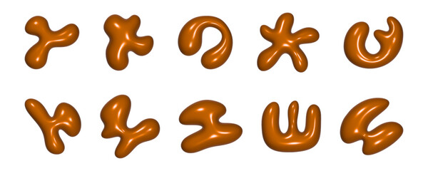 A collection of abstract 3d liquid shapes showcases a range of smooth, reflective textures. Each form presents unique contours, inviting exploration of organic design concepts.