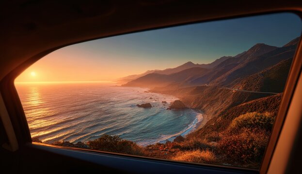 Fototapeta Scenic coastal landscape view during sunset seen through a car window with mountains