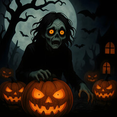 Zombie character with glowing eyes reaching for pumpkins at night  