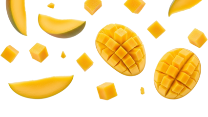 Fresh Mango Fruit Slices Floating on Transparent Background