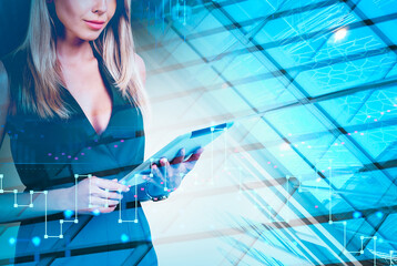 Confident businesswoman holding tablet, abstract chart overlay, modern digital style, futuristic glass background. Concept of finance, technology, analytics