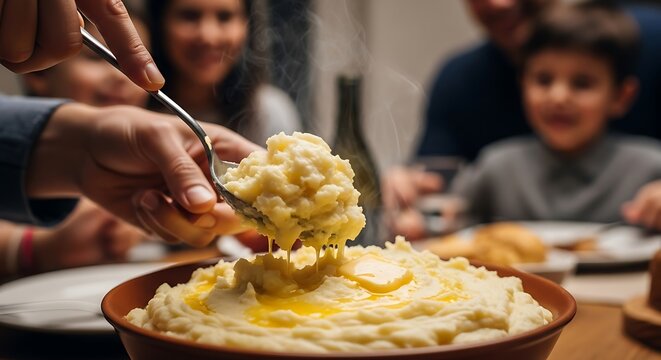 Close-up of hands serving creamy mashed potatoes with melted butter at a warm family dinner gathering, highlighting comfort food and togetherness.