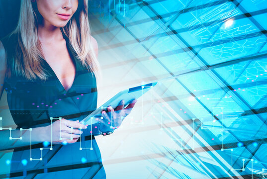 Confident businesswoman holding tablet, abstract chart overlay, modern digital style, futuristic glass background. Concept of finance, technology, analytics