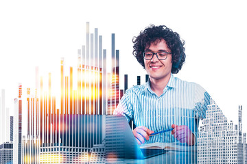Smiling young man with headphones at laptop, futuristic bar chart and cityscape overlay, double exposure style on white background, concept of innovation