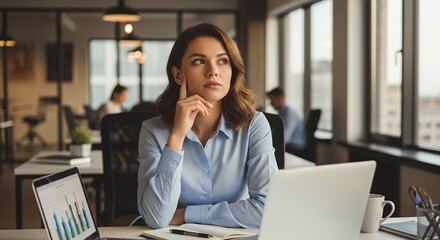 A contemplative young adult woman in a modern, brightly lit open-plan office environment. She is seated at a desk, wearing a light blue professional shirt, with her hand gently touching her face as sh