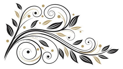 Fototapeta premium Elegant Floral Design Element Black and Gold Swirl Pattern Ornamental Vine Decorative Illustration Vintage Style Botanical Motif Corner Design Wedding Invitation Greeting Card Scrapbook.