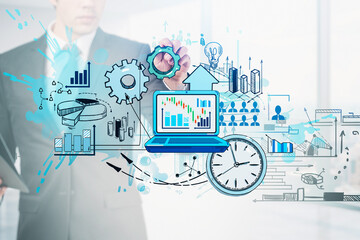 Businessman in suit with creative hand-drawn data analytics symbols, charts, clock, gears, and laptop on bright office background, concept of strategy