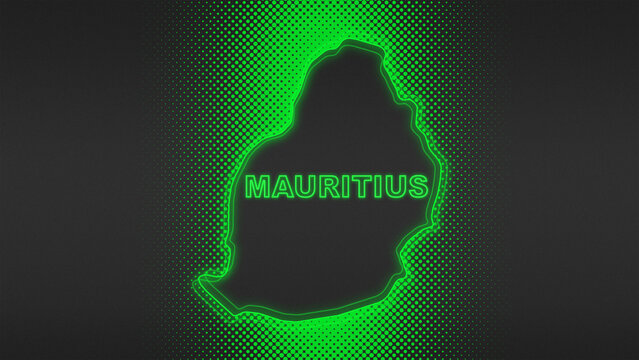Neon Green Mauritius Map Outline Futuristic Digital Glow Halftone Illustration