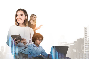 Group of young professionals using digital devices, modern graphic style, over white and city skyline background. Concept of teamwork and innovation