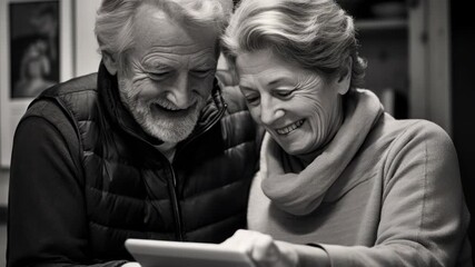 Old man and woman looking at tablet screen together. Warm indoor lighting.