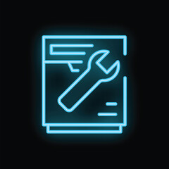 Neon glowing symbol of technical documentation showing open end wrench lying on paper