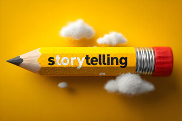 Pencil and thought bubble with the word storytelling on yellow background.
