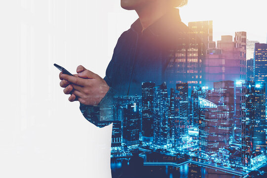 A man using a smartphone with a city skyline double exposure effect, creative style on a white background, concept of digital connectivity and innovation