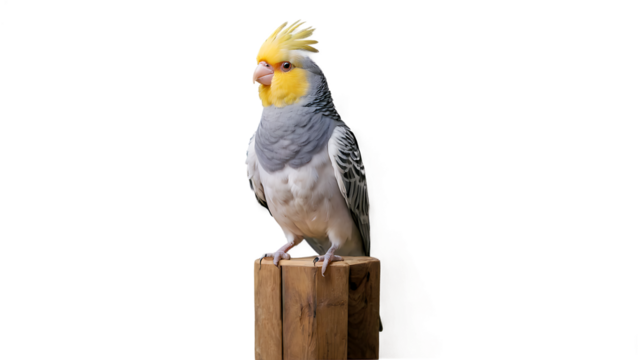 "Beautiful Cockatiel Parrot Collection with Yellow Crest, Studio Portrait and transparent Background, Cute Pet Bird Sitting on Wooden Stool, Exotic Tropical Parakeet Photography Set"