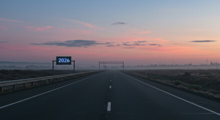 Empty Road at Dawn Under a Blue 2026 Milestone Banner